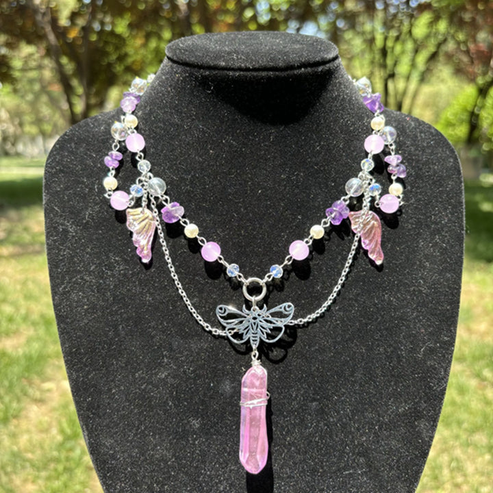 Collana girocollo a strati con farfalla in cristallo rosa ametista Olivenorma