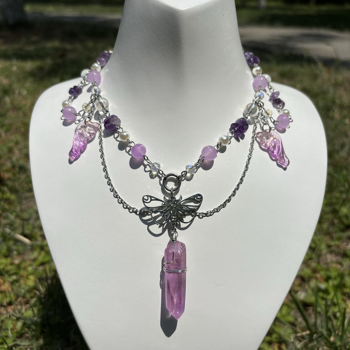 Collana girocollo a strati con farfalla in cristallo rosa ametista Olivenorma