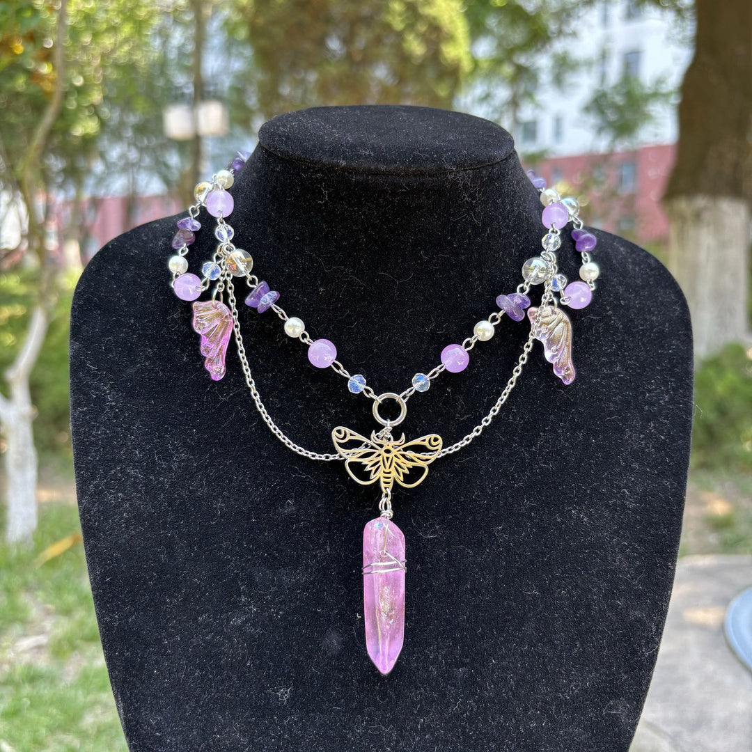 Collana girocollo a strati con farfalla in cristallo rosa ametista Olivenorma