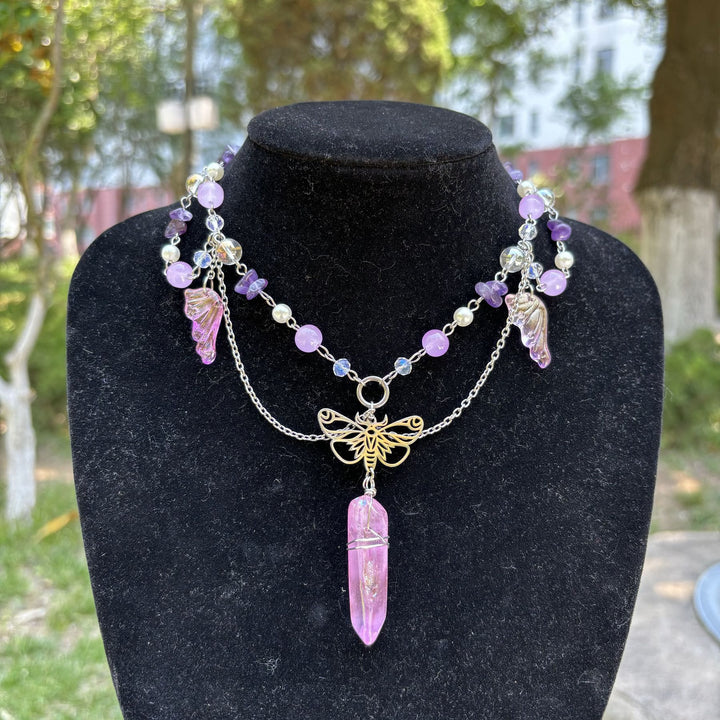 Collana girocollo a strati con farfalla in cristallo rosa ametista Olivenorma