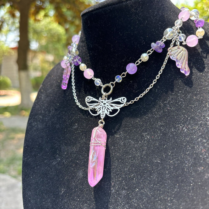 Collana girocollo a strati con farfalla in cristallo rosa ametista Olivenorma