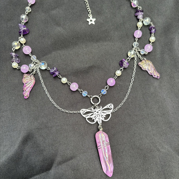 Collana girocollo a strati con farfalla in cristallo rosa ametista Olivenorma