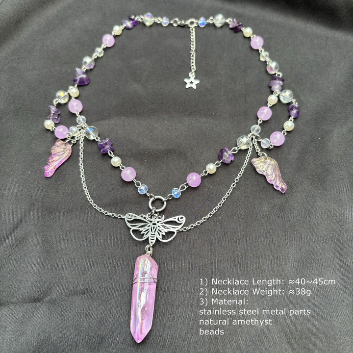 Collana girocollo a strati con farfalla in cristallo rosa ametista Olivenorma