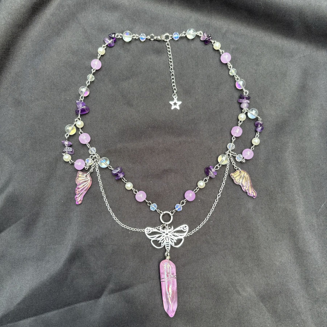 Collana girocollo a strati con farfalla in cristallo rosa ametista Olivenorma