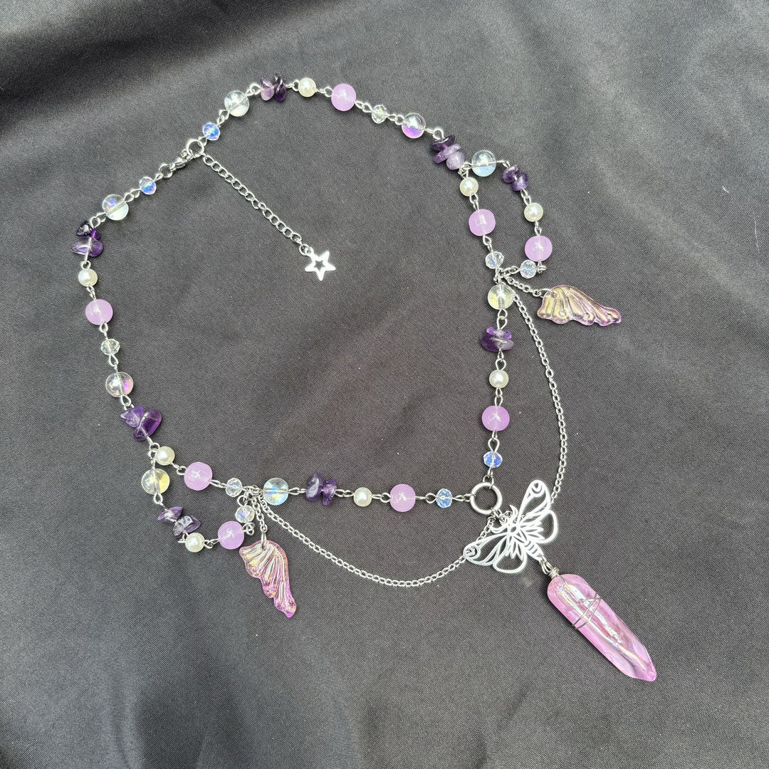 Collana girocollo a strati con farfalla in cristallo rosa ametista Olivenorma