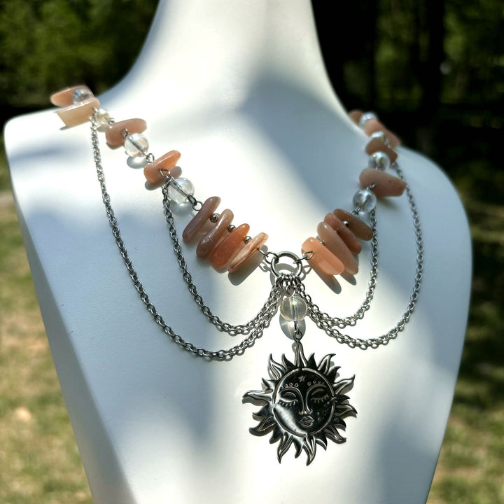 Collana girocollo a strati con ciondolo in pietra naturale del sole Olivenorma