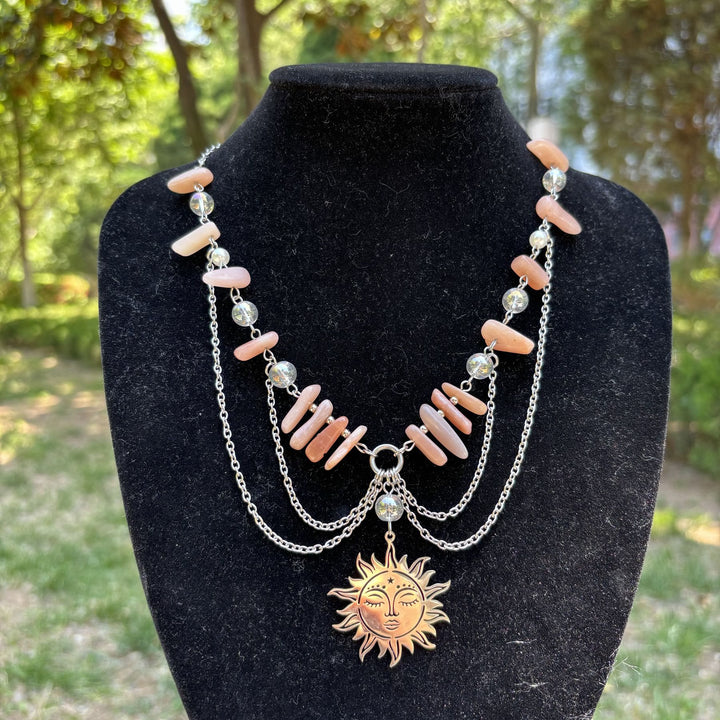 Collana girocollo a strati con ciondolo in pietra naturale del sole Olivenorma