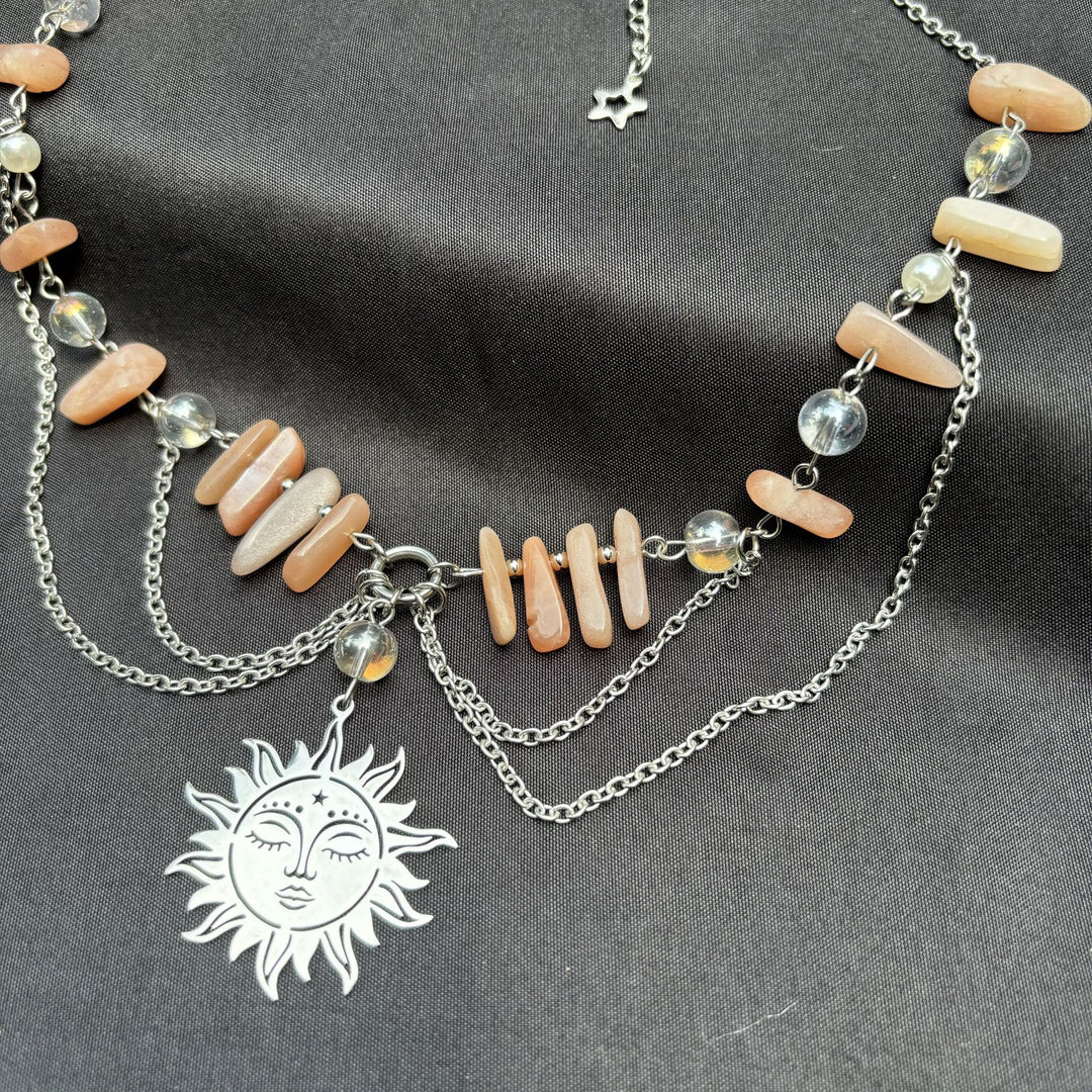 Collana girocollo a strati con ciondolo in pietra naturale del sole Olivenorma