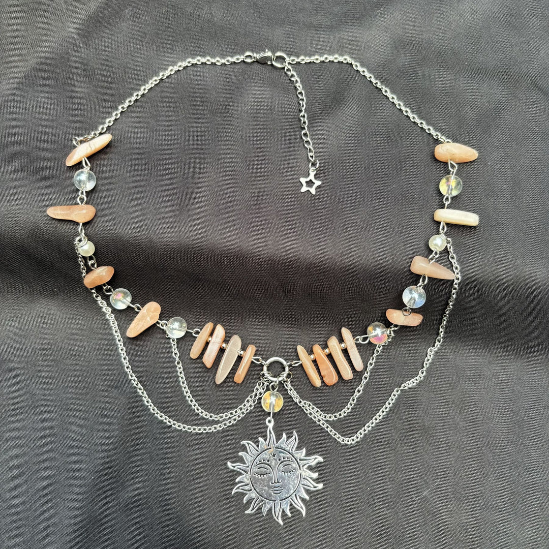 Collana girocollo a strati con ciondolo in pietra naturale del sole Olivenorma