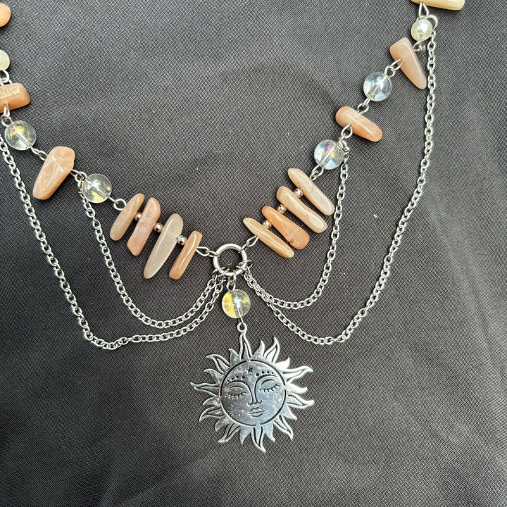 Collana girocollo a strati con ciondolo in pietra naturale del sole Olivenorma