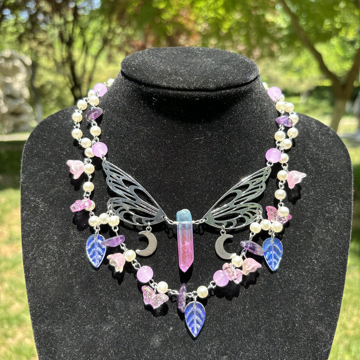 Collana girocollo a strati con farfalla e perle d'acqua dolce in ametista Olivenorma