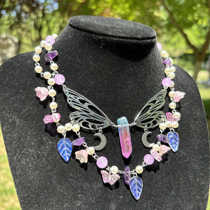 Collana girocollo a strati con farfalla e perle d'acqua dolce in ametista Olivenorma
