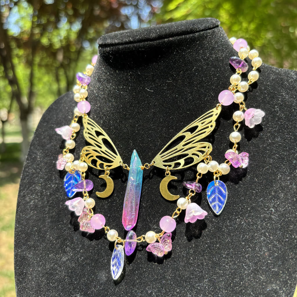 Collana girocollo a strati con farfalla e perle d'acqua dolce in ametista Olivenorma