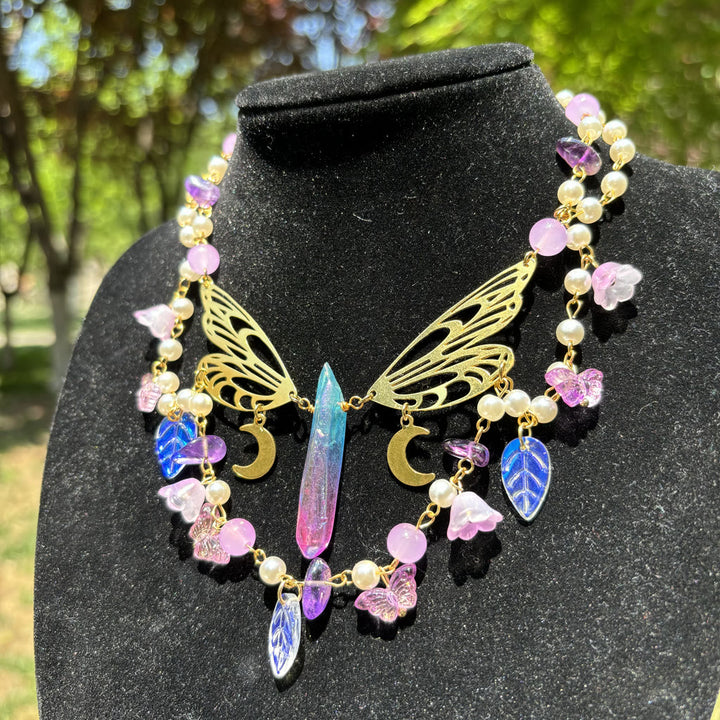 Collana girocollo a strati con farfalla e perle d'acqua dolce in ametista Olivenorma