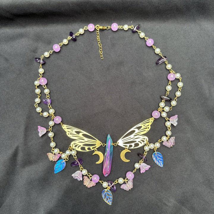 Collana girocollo a strati con farfalla e perle d'acqua dolce in ametista Olivenorma