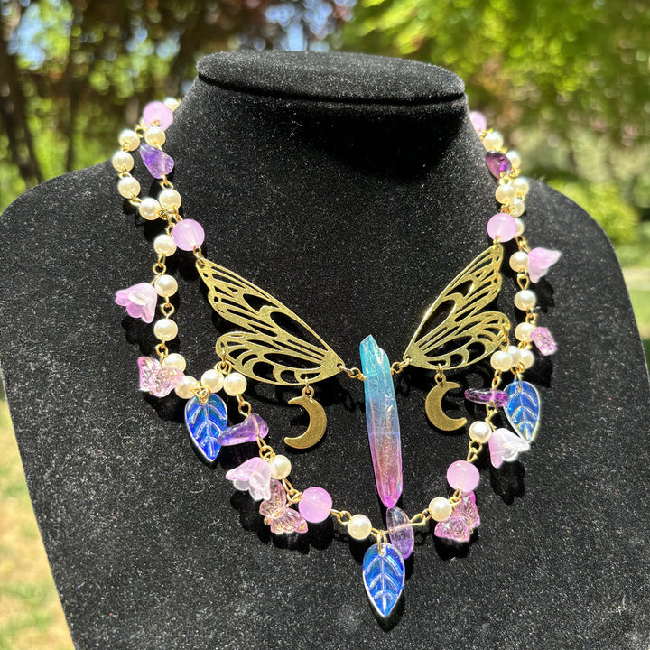 Collana girocollo a strati con farfalla e perle d'acqua dolce in ametista Olivenorma