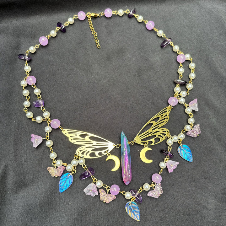 Collana girocollo a strati con farfalla e perle d'acqua dolce in ametista Olivenorma