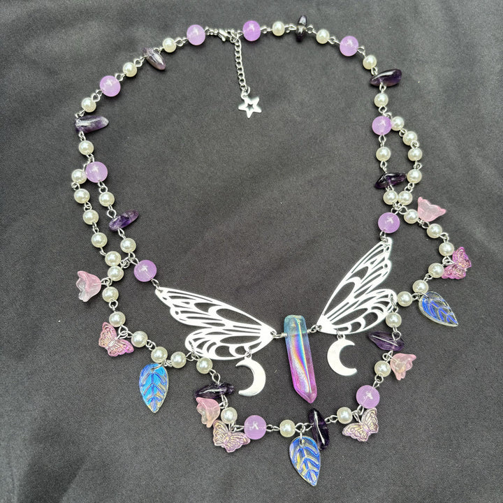 Collana girocollo a strati con farfalla e perle d'acqua dolce in ametista Olivenorma
