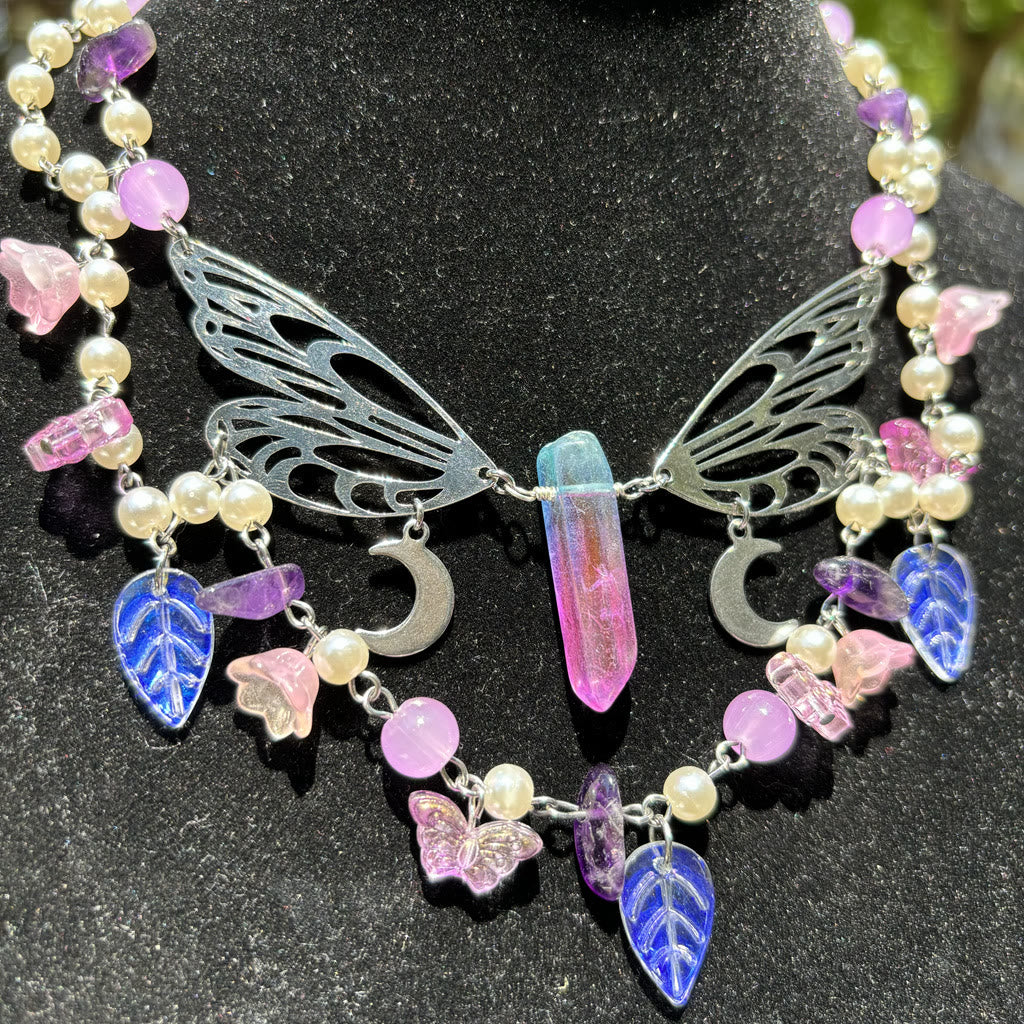 Collana girocollo a strati con farfalla e perle d'acqua dolce in ametista Olivenorma