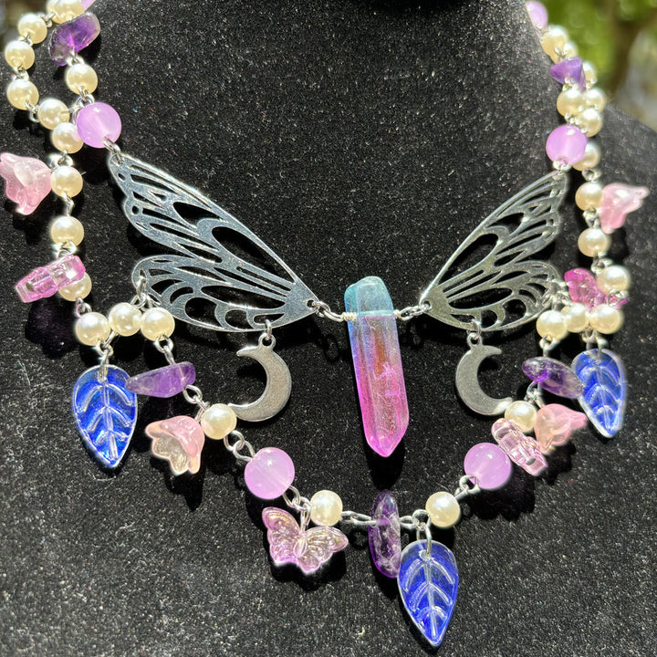 Collana girocollo a strati con farfalla e perle d'acqua dolce in ametista Olivenorma