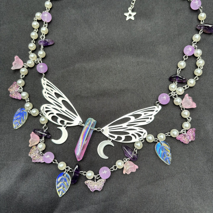 Collana girocollo a strati con farfalla e perle d'acqua dolce in ametista Olivenorma