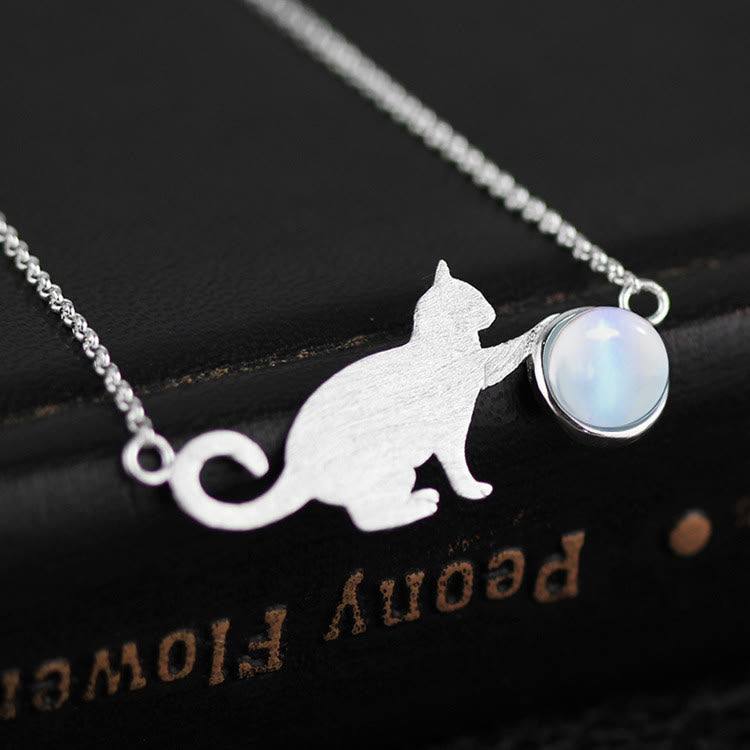 Bracciale con ciondolo in pietra di luna e gatto in argento Olivenorma