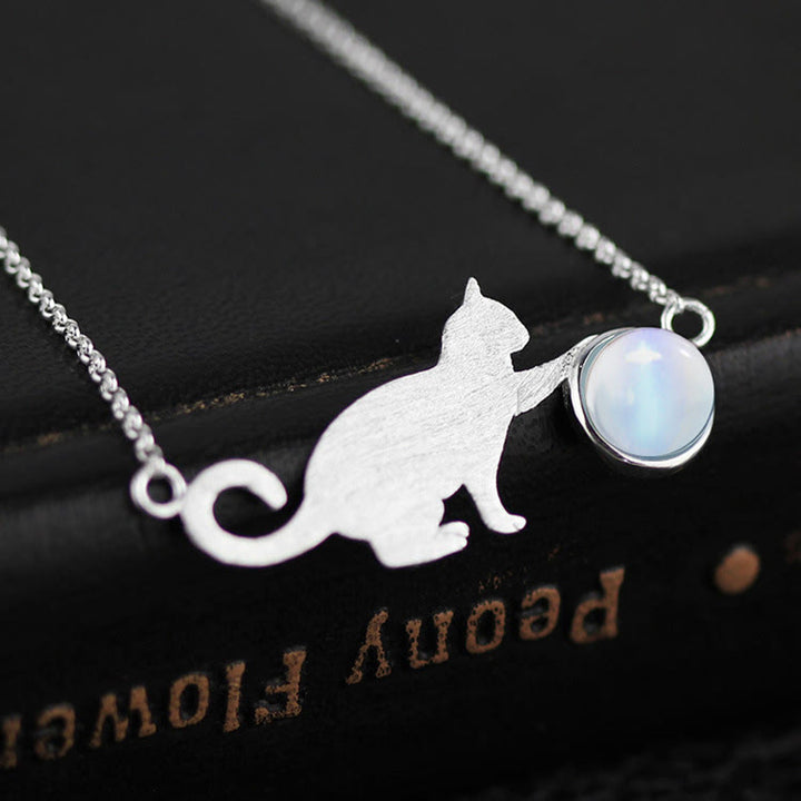 Bracciale con ciondolo in pietra di luna e gatto in argento Olivenorma
