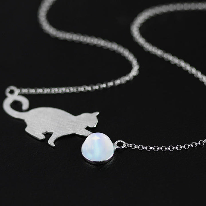 Bracciale con ciondolo in pietra di luna e gatto in argento Olivenorma