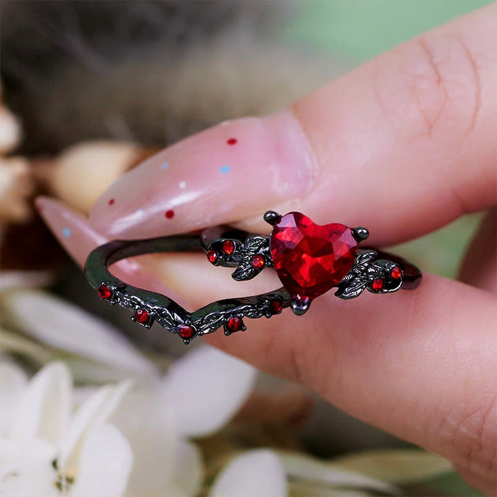 Olivenorma 2 pezzi set anello cuore rubino quarzo nero