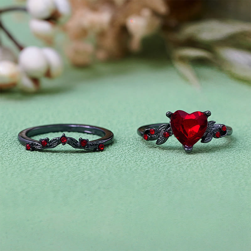 Olivenorma 2 pezzi set anello cuore rubino quarzo nero