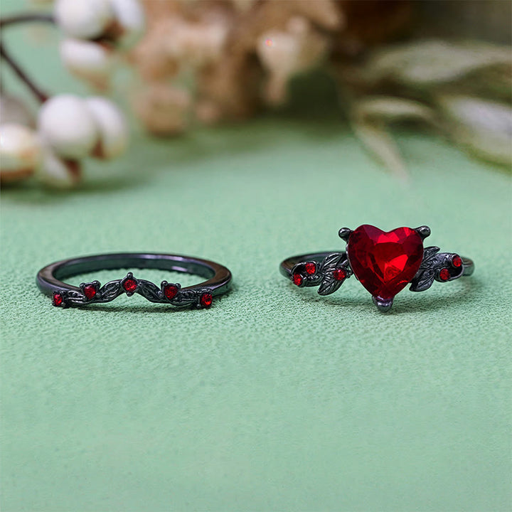 Olivenorma 2 pezzi set anello cuore rubino quarzo nero