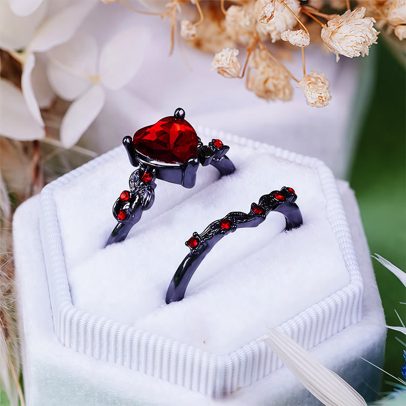 Olivenorma 2 pezzi set anello cuore rubino quarzo nero