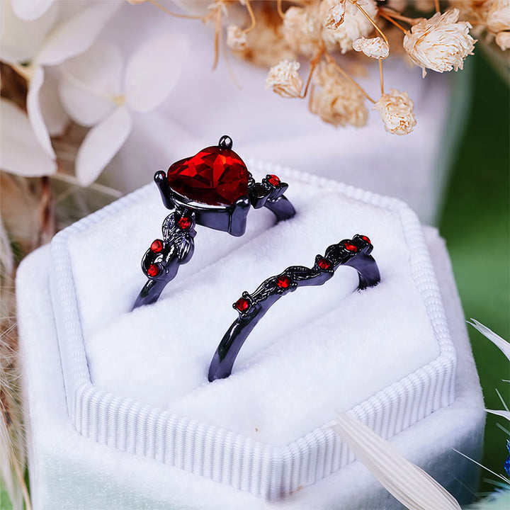 Olivenorma 2 pezzi set anello cuore rubino quarzo nero