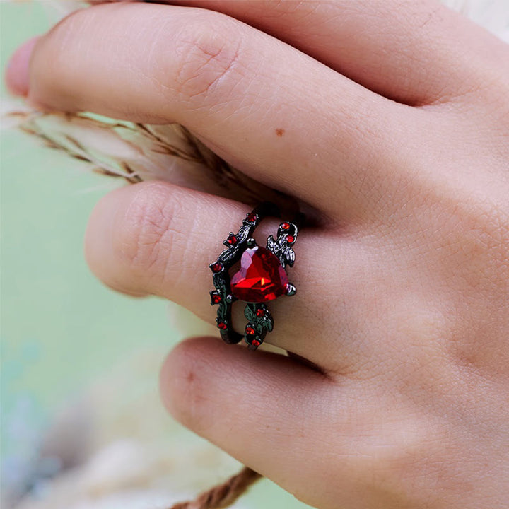Olivenorma 2 pezzi set anello cuore rubino quarzo nero