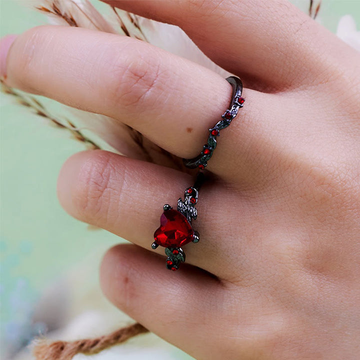 Olivenorma 2 pezzi set anello cuore rubino quarzo nero