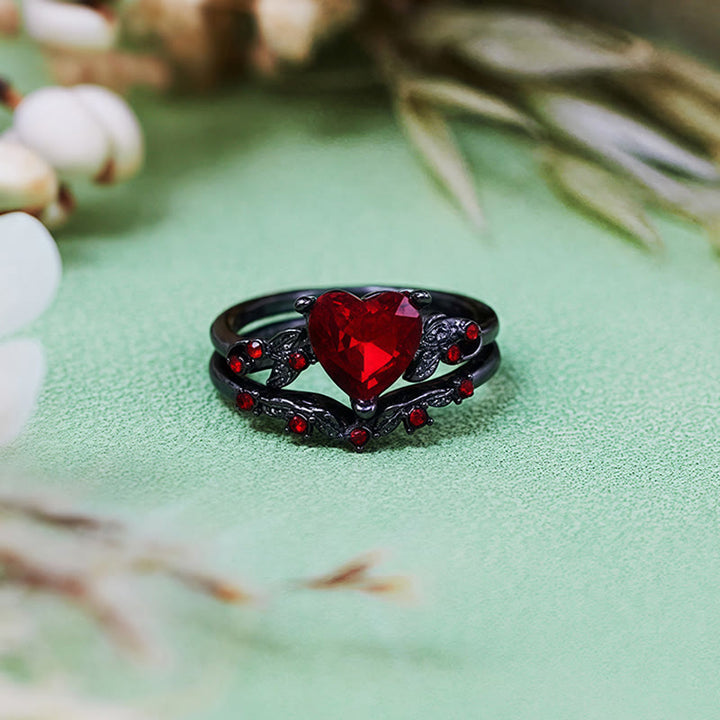 Olivenorma 2 pezzi set anello cuore rubino quarzo nero