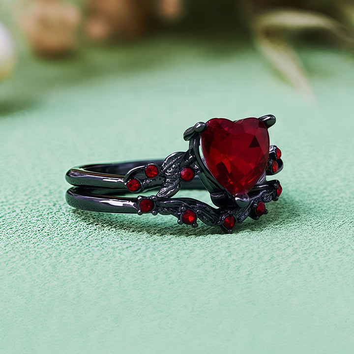 Olivenorma 2 pezzi set anello cuore rubino quarzo nero