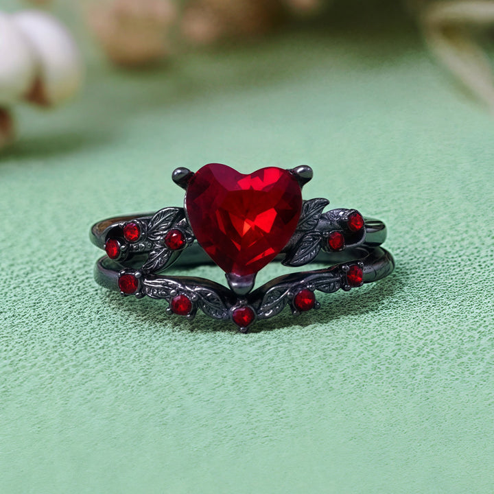 Olivenorma 2 pezzi set anello cuore rubino quarzo nero