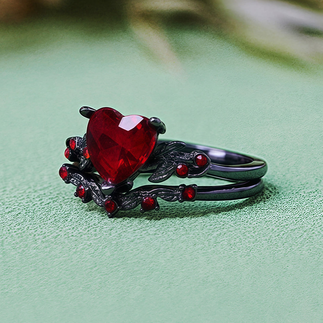 Olivenorma 2 pezzi set anello cuore rubino quarzo nero