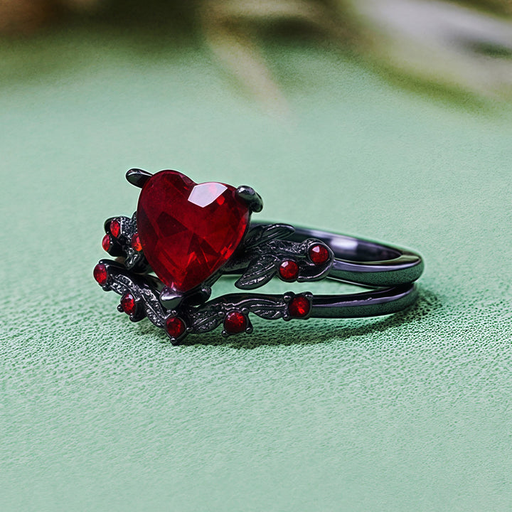 Olivenorma 2 pezzi set anello cuore rubino quarzo nero