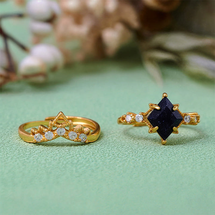 Olivenorma "Princess Crown" Set di 2 anelli in pietra arenaria blu