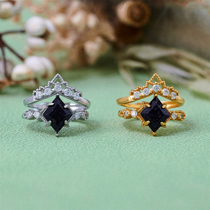 Olivenorma "Princess Crown" Set di 2 anelli in pietra arenaria blu
