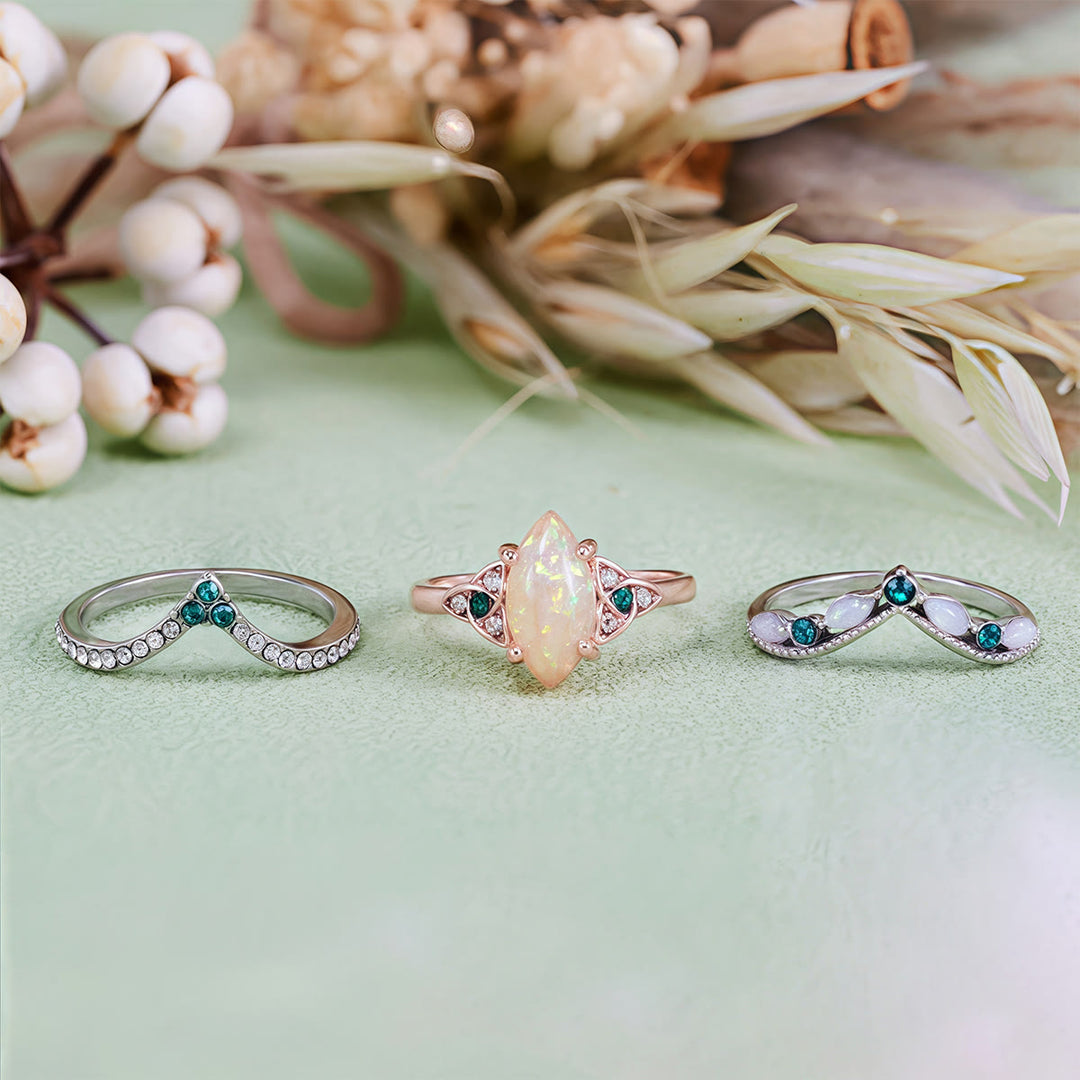Olivenorma Vintage Milgrain Marquise Opale e Smeraldo Anello a tre pezzi