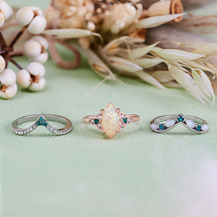 Olivenorma Vintage Milgrain Marquise Opale e Smeraldo Anello a tre pezzi