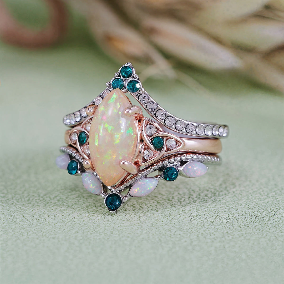 Olivenorma Vintage Milgrain Marquise Opale e Smeraldo Anello a tre pezzi