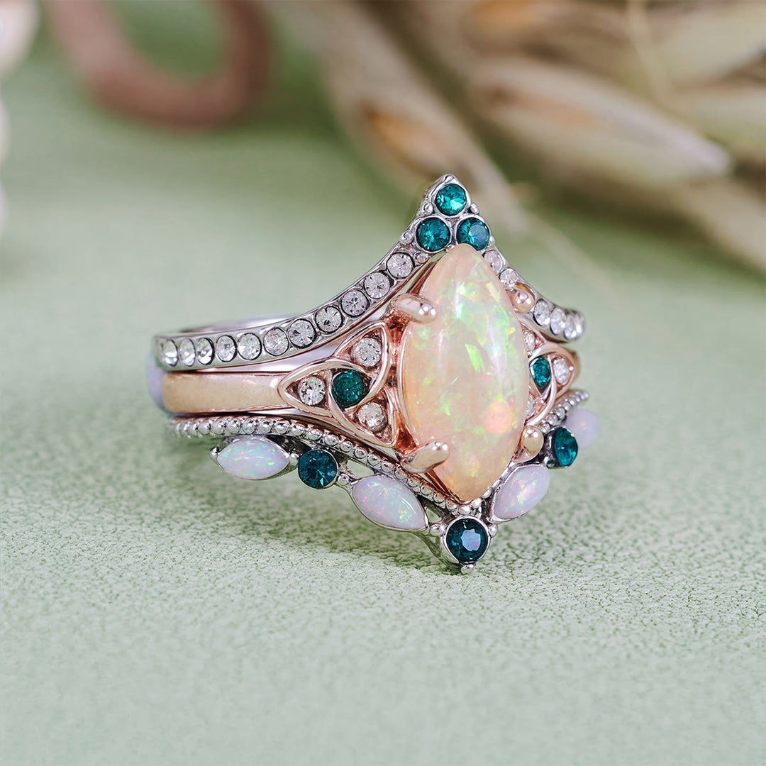 Olivenorma Vintage Milgrain Marquise Opale e Smeraldo Anello a tre pezzi