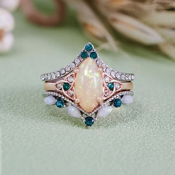 Olivenorma Vintage Milgrain Marquise Opale e Smeraldo Anello a tre pezzi