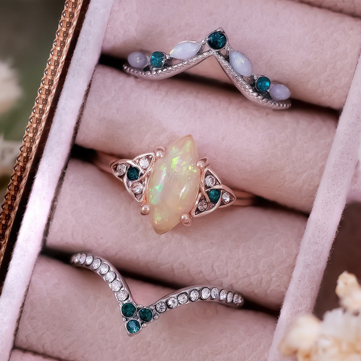 Olivenorma Vintage Milgrain Marquise Opale e Smeraldo Anello a tre pezzi