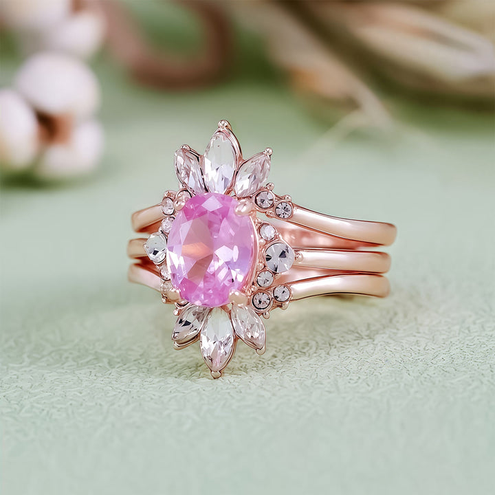 Olivenorma Set di anelli da 3 pezzi con tormalina rosa e moissanite