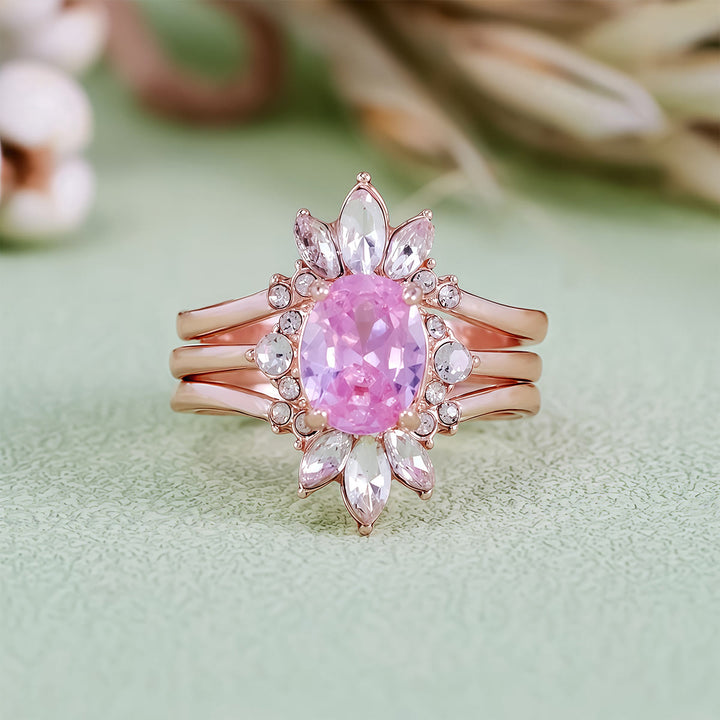 Olivenorma Set di anelli da 3 pezzi con tormalina rosa e moissanite